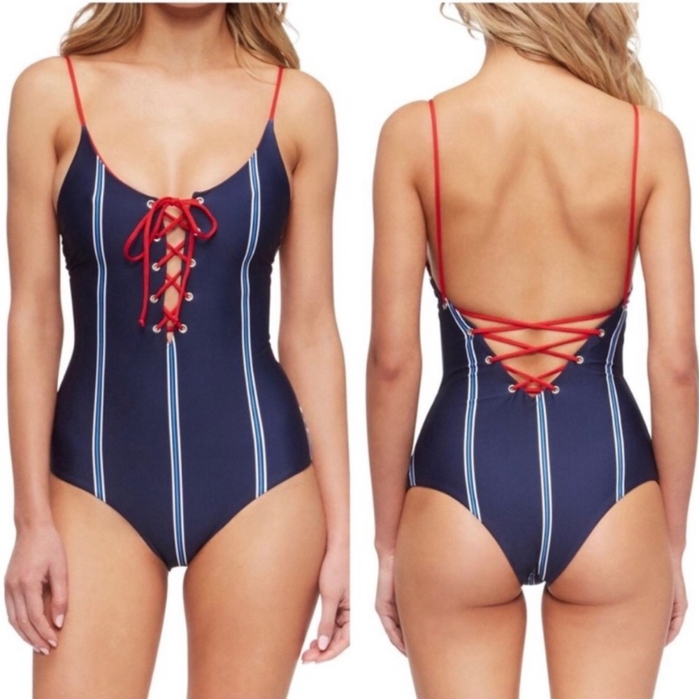 Tavik Navy Blue One-Piece Bikini with Red Lace-Up Accents